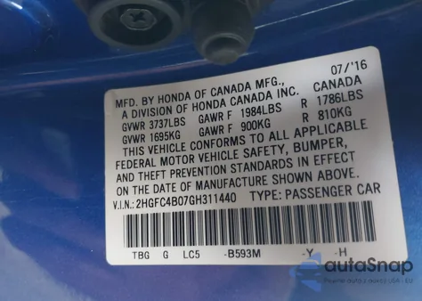 2016 Honda Civic Lx-P z USA, uszkodzony, nr VIN 2HGFC4B07GH311440